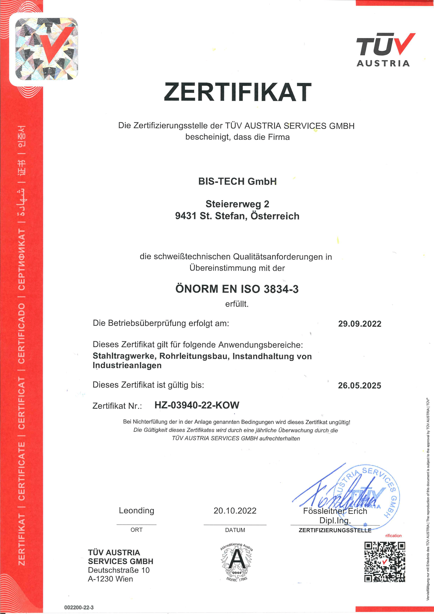 ISO 2824-3 Zertifikat